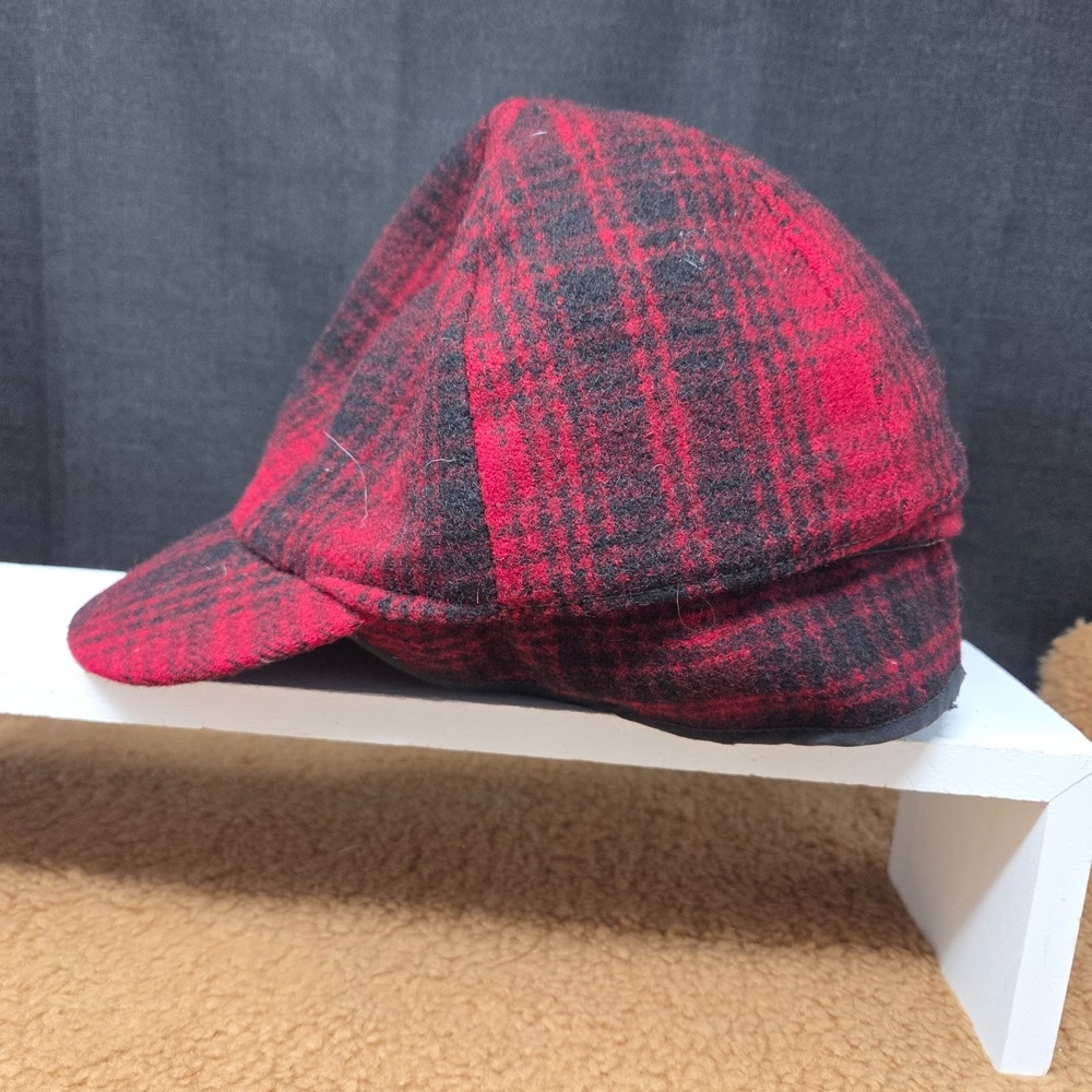 VTG Woolrich Buffalo Plaid 100% Wool Hunting Hat Cap Red Black Size 7 1/8